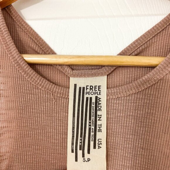Free People Long Beach Tank Top in Mushroom Brown Tan Ribbed Knit Size Small - Picture 4 of 6